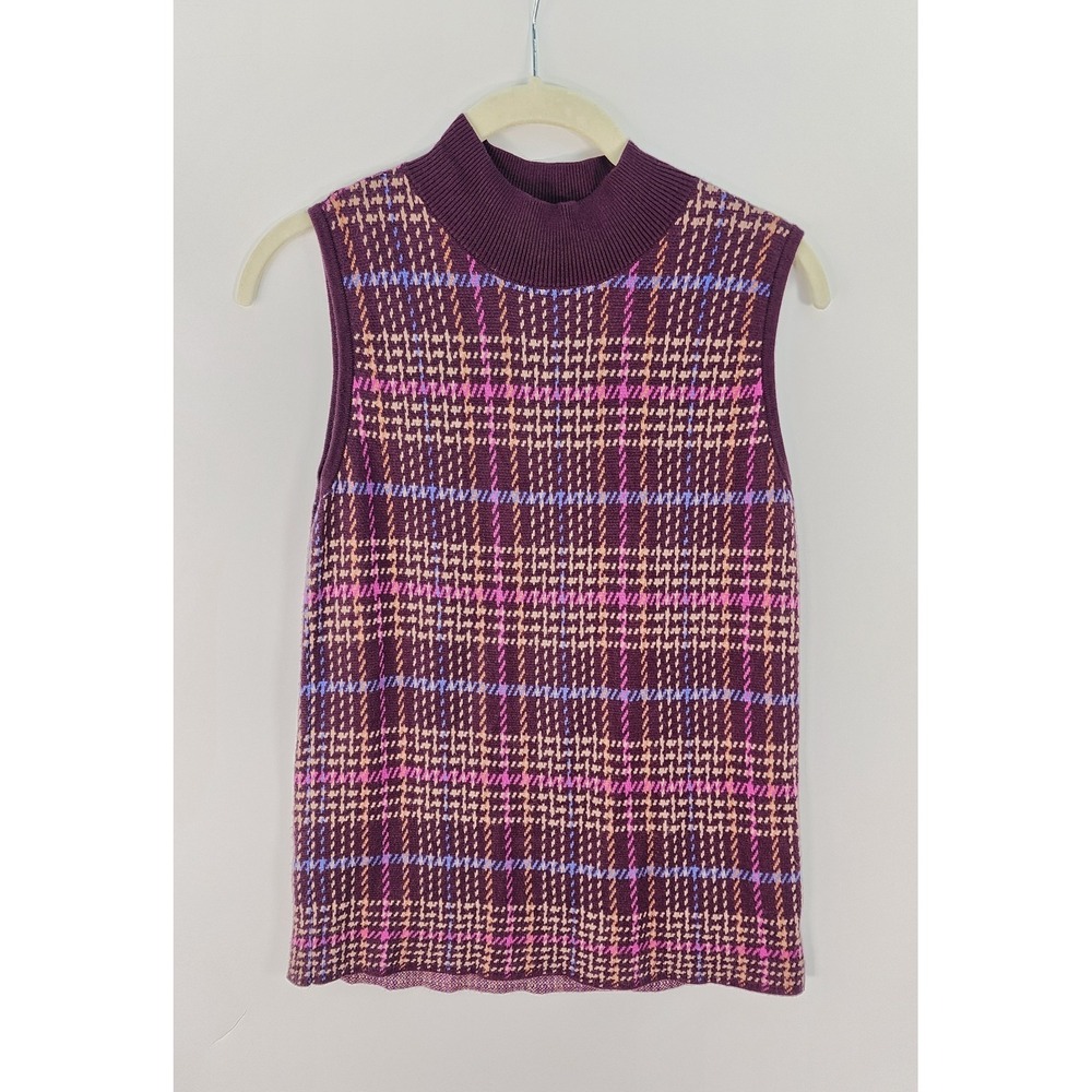 Ann Taylor Sweater Vest Womens XS Houndstooth Burgundy Mock Neck Preppy Academia